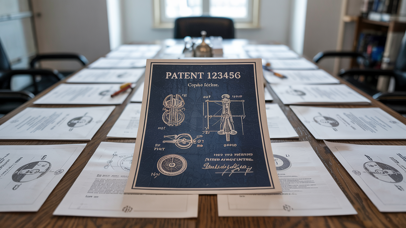 A photograph of a large, rectangular oak table covered with an array of patent documents. The documents are neatly arranged, with each page showcasing detailed technical drawings and text in various stages of completion.</body></html>
