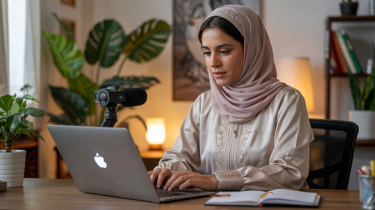 A warm, natural photograph of a lady working on her laptop with the webcam and microphone activated, dressed in a traditional Arabic gown and hijab. 
