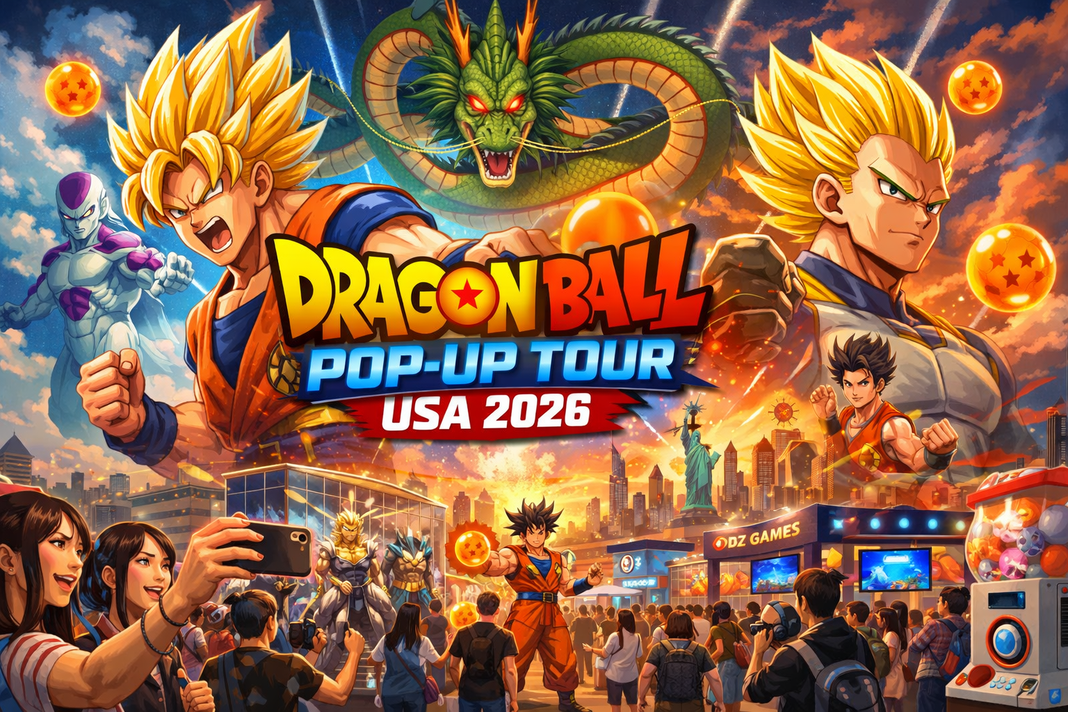 Image is related to Dragon Ball Pop-Up USA 2026 Tour with dragon ball character images