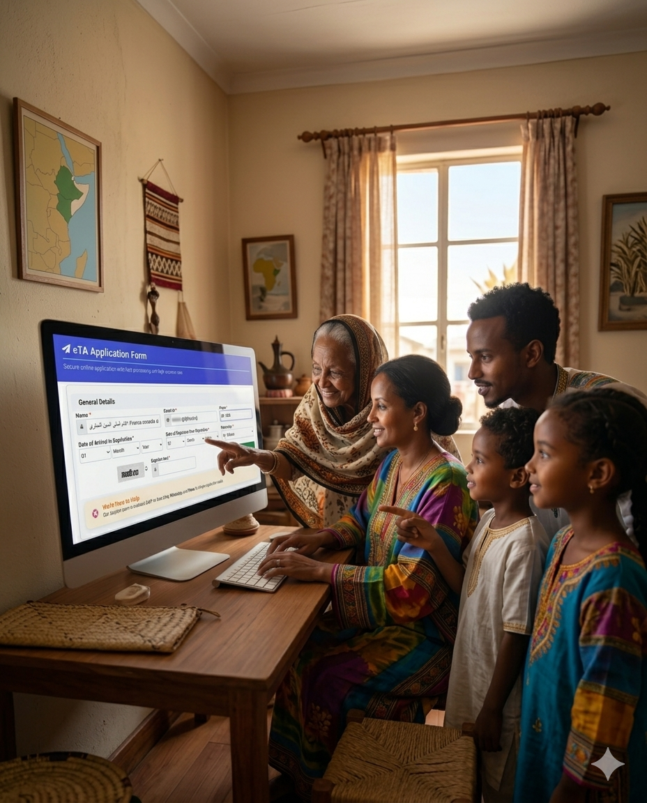 A joyful multigenerational Djiboutian family gathered around a desktop computer, collaboratively filling out an online Seychelles eTA application form in a warmly lit room decorated with African-themed artwork and textiles.
