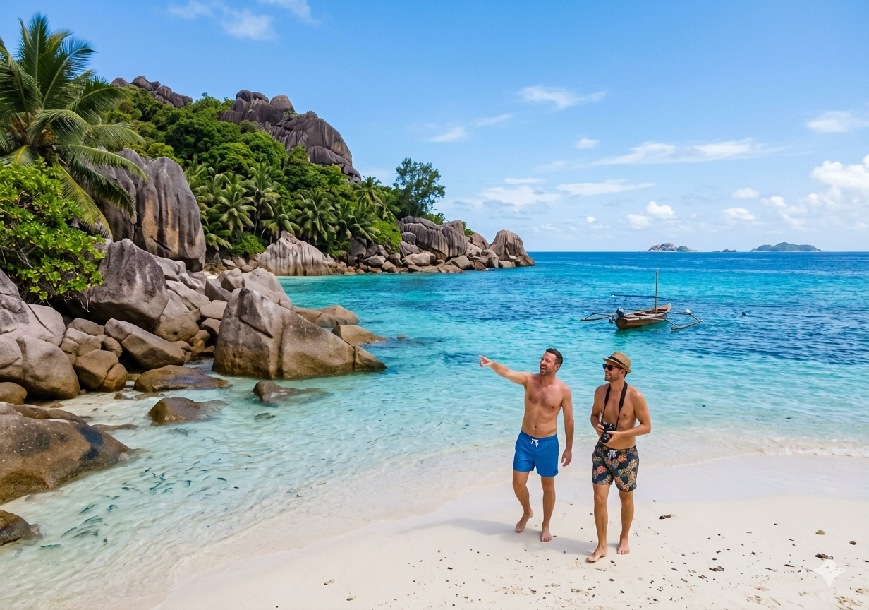 Two men walk barefoot on a white sandy beach beside clear turquoise water. One man, wearing blue swim shorts, is pointing toward something in the distance with a smile, while the other, wearing patterned shorts, sunglasses, and a straw hat, holds a camera around his neck. In the background, lush green tropical vegetation and large granite boulders line the shoreline, and a small wooden boat floats on the calm sea under a bright blue sky with scattered clouds.