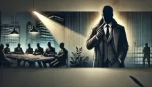 A dramatic banner-format illustration depicting a shadowy figure in a corporate setting, symbolizing investigation and controversy