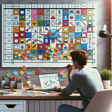 A person looking at the wall filled with tasks and a clock 