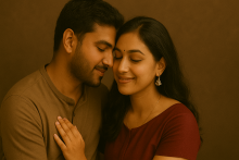 Couple sharing mood chocolate under candlelight