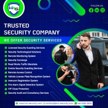 Promotional banner of HRS Security Services Singapore showing professional security guards, traffic marshal, and concierge officer, highlighting services such as licensed security guarding, security technological solutions, remote monitoring system, security concierge, road works traffic marshals, event security, remote access control, license plate recognition system, intercom registration system, fire alarm detection, VIP close protection, and security consultancy services