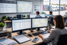 Logistics back office team monitoring shipments and dispatch data on multiple screens in an operations office.