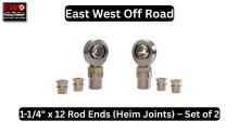 East West Offroad 1-1/4 inch x 12 heim joint kit set of 2 with stainless steel high misalignment spacers, jam nuts, and tube adapters.