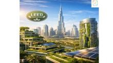 Futuristic Dubai skyline with LEED certified green buildings and solar panels