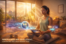 Woman meditating with tablet in cozy room, surrounded by holograms of Earth and calming words. Sunlight streams through large windows. Text: "Mindfulness App Development: Converting Wellness Seekers 2026".