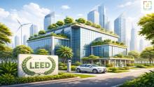Modern sustainable building with solar panels and green design representing LEED certification in Dubai and UAE
