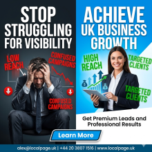 A professional male consultant presenting online advertising growth data in a modern London office, with key insights and contact details visible.