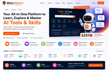 Skillwaala learning platform showcasing 3500+ AI tools, free certification courses, and skill development opportunities.