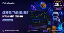 Crypto Trading Bot Development Company banner featuring AI-powered trading dashboard, cryptocurrency coins, trading robot, laptop, mobile analytics, and a 40% limited-time offer by Developcoins