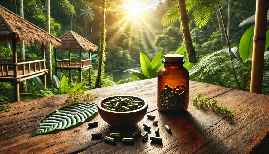 A bowl of kratom capsules on a wooden deck overlooking a forest