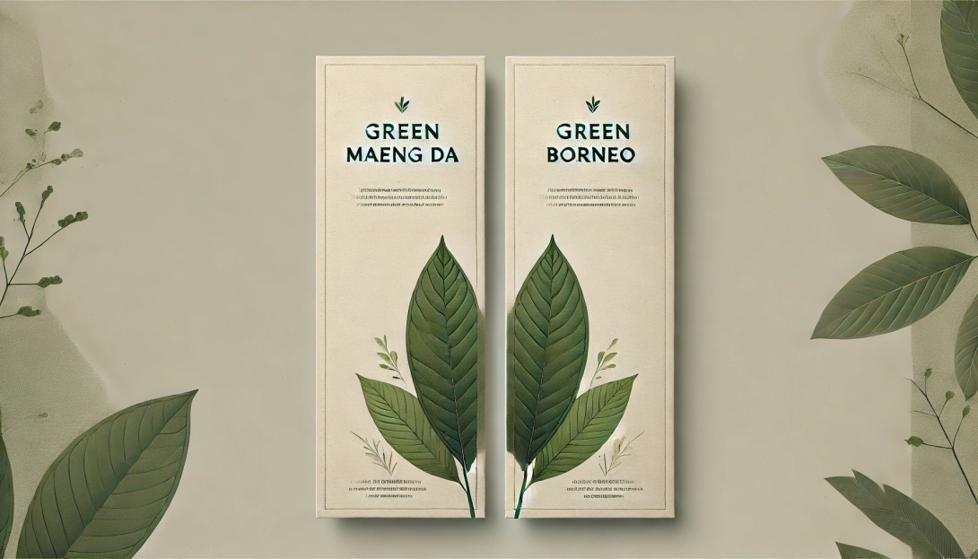 Illustration of two kratom leaves labeled 'Green Maeng Da' and 'Green Borneo,' displayed side by side on a neutral textured background with green and beige tones.