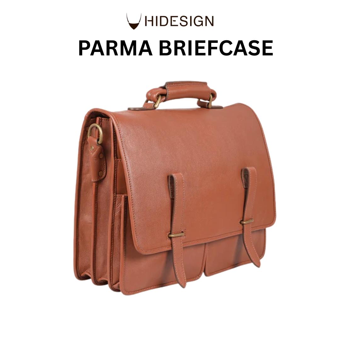 Hidesign Parma Briefcase – Premium tan leather men's briefcase with dual buckle closure, top handle, and structured design.