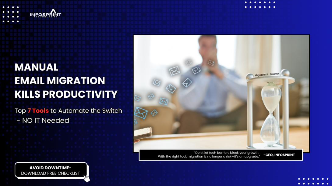Visual representation of email migration challenges for businesses. A stressed professional sits in the background while emails float mid-air, symbolizing data transfer delays. An hourglass labeled 'Migration in Process' emphasizes time lost with manual migration. Text overlay reads: 'Manual Email Migration Kills Productivity. Top 7 Tools to Automate the Switch – No IT Needed.' Infosprint Technologies branding and a CTA button offer a downloadable migration checklist.