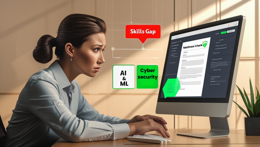 Concerned female recruiter reviewing a candidate resume on a desktop screen, with digital graphics highlighting a "Skills Gap" in AI, ML, and Cybersecurity—symbolizing the growing talent shortage in critical tech domains.