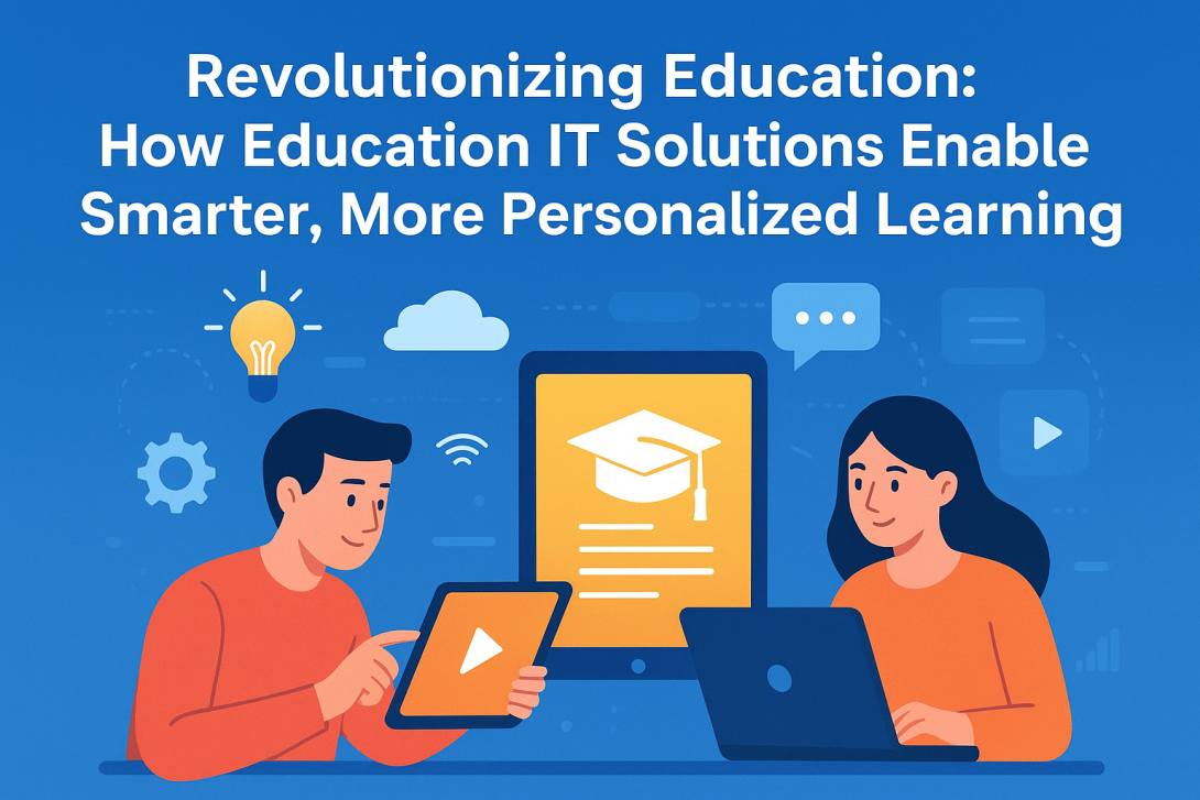 “Illustration of two students using digital devices for learning, surrounded by icons of technology and education such as a graduation cap, cloud, Wi-Fi, and lightbulb, representing education IT solutions.”