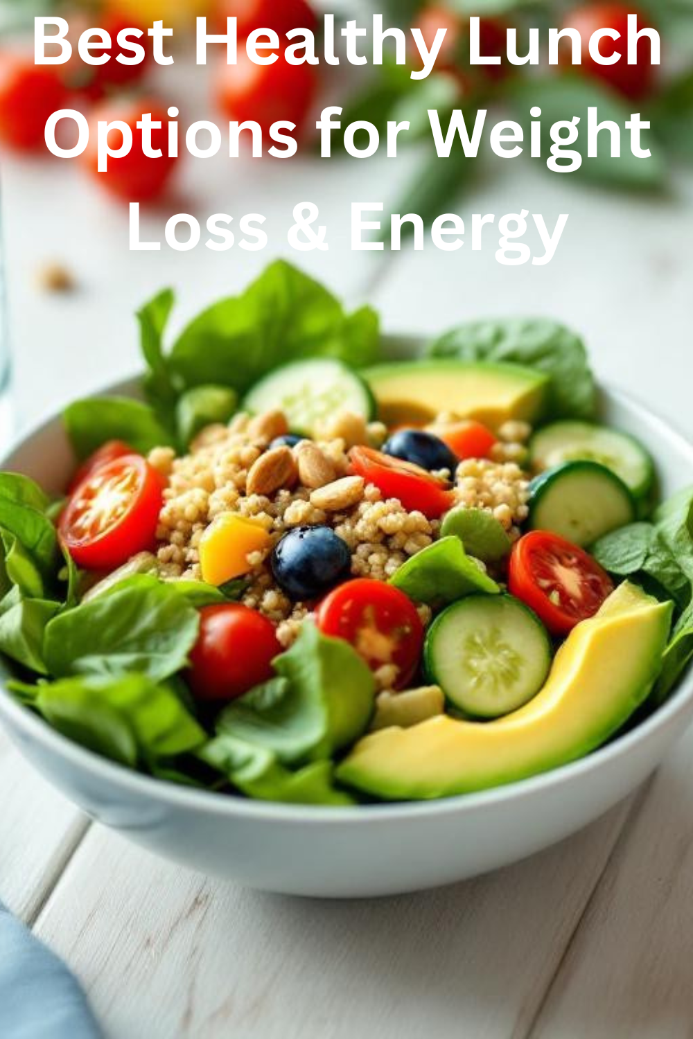 A salad containing Healthy Lunch Options such as lettuce, tomatoes and avocado