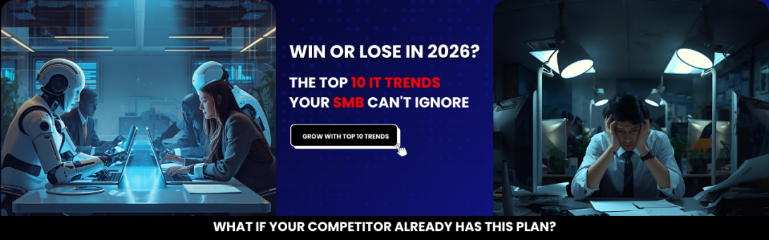 Futuristic business concept showing robots working efficiently on one side and a stressed businessman on the other, highlighting the choice SMBs face in 2026 with the top 10 IT trends they must adopt