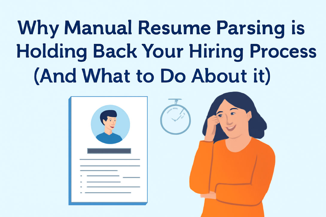 Woman examining a resume and clock, symbolizing the delay caused by manual resume parsing.