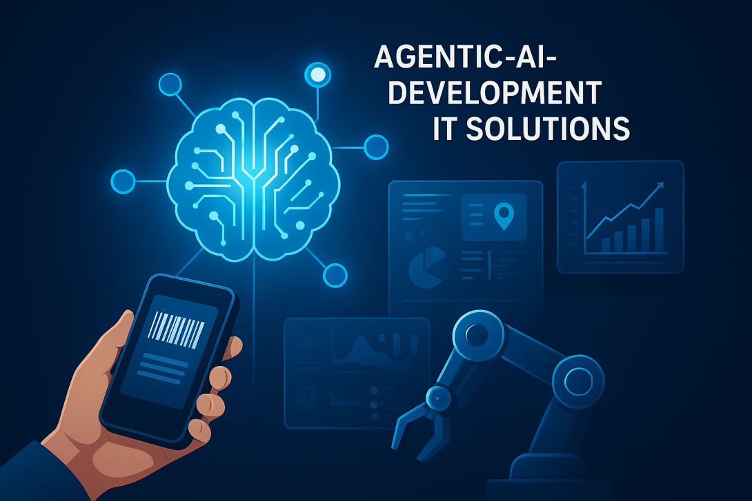 A digital illustration showing a glowing AI brain icon with connected circuits, a robotic arm, data dashboards, and a hand holding a mobile device—representing agentic-AI-development IT solutions.