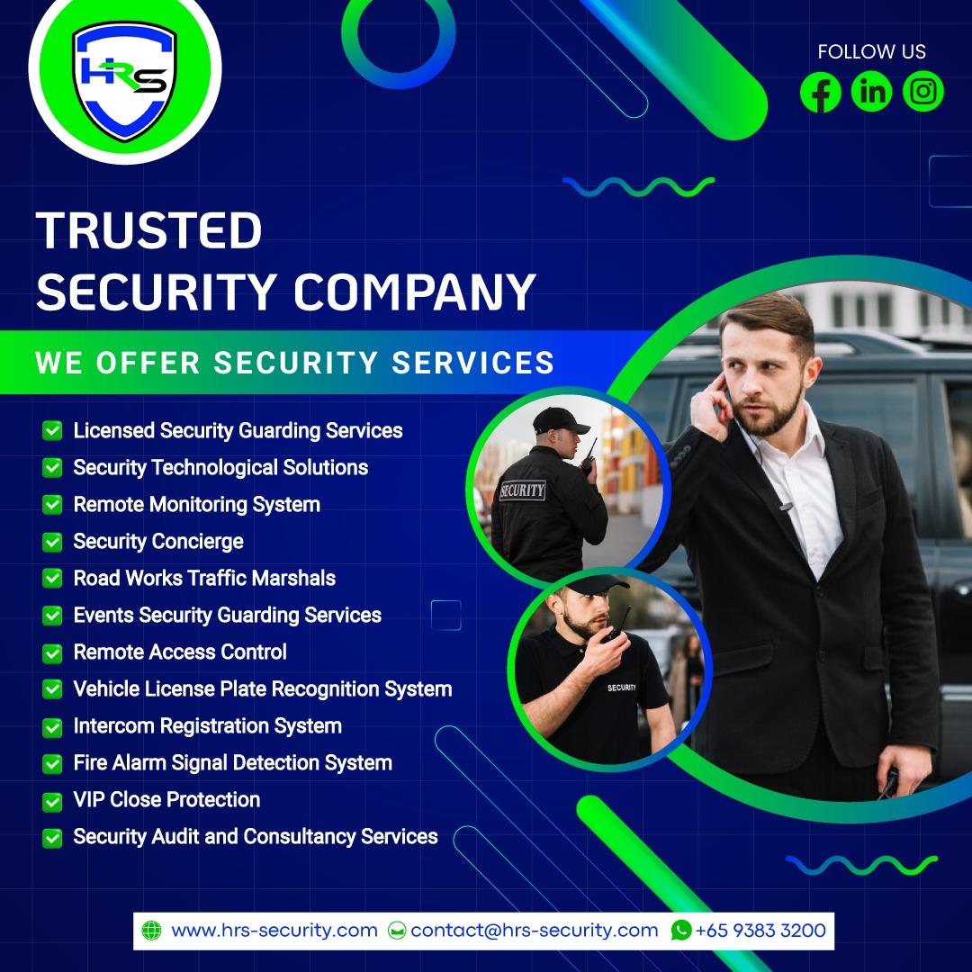 Promotional banner of HRS Security Services Singapore showing professional security guards, traffic marshal, and concierge officer, highlighting services such as licensed security guarding, security technological solutions, remote monitoring system, security concierge, road works traffic marshals, event security, remote access control, license plate recognition system, intercom registration system, fire alarm detection, VIP close protection, and security consultancy services