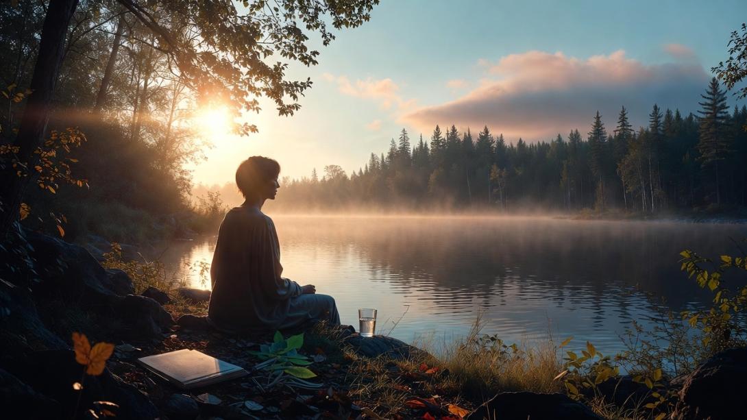 A person sitting by a lakeside with a glass of kratom tea during an early morning sunrise