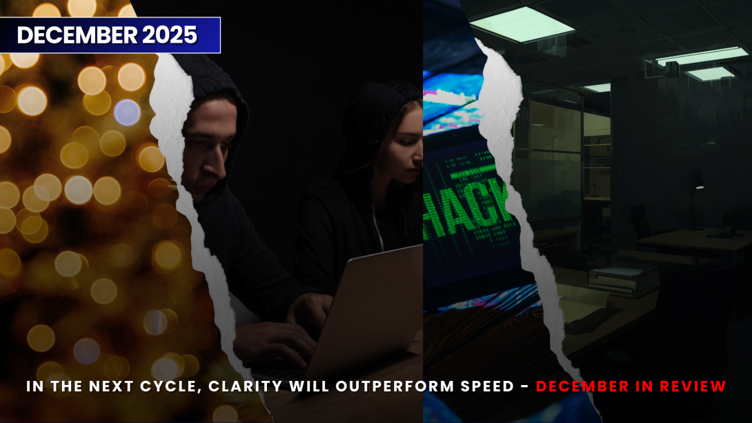 Split-screen illustration showing holiday season lights on one side and cybersecurity activity on the other, with professionals working on laptops and hacking visuals, representing December 2025 security trends and lessons learned in the monthly technology review.