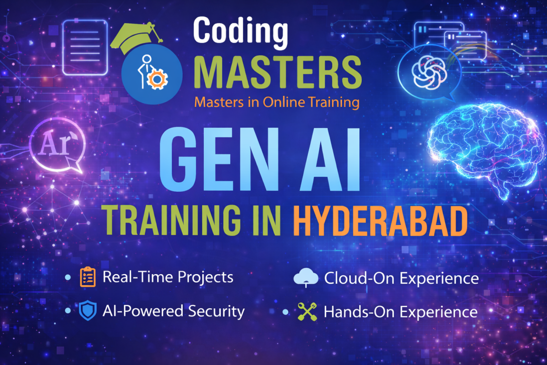 Banner promoting Coding Masters Gen AI Training in Hyderabad with AI-themed visuals and key features like hands-on projects and cloud experience.