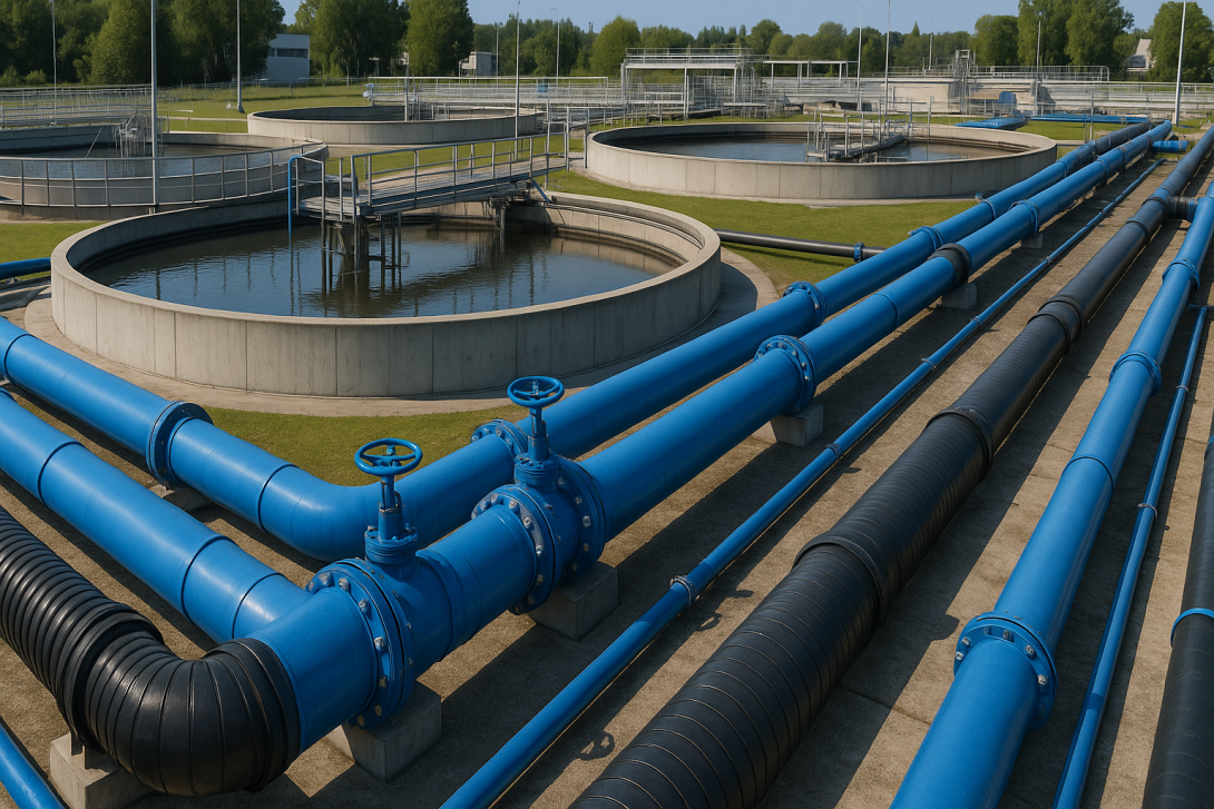 Modern sewage treatment plant with MDPE and HDPE pipeline network for urban sanitation