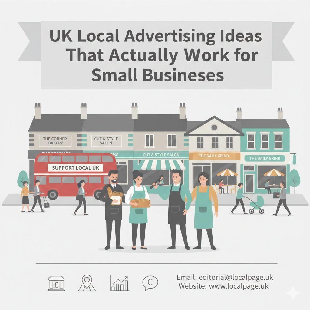 Illustration of a UK small business growing its local reach with proven advertising elements like social media, flyers, and community events