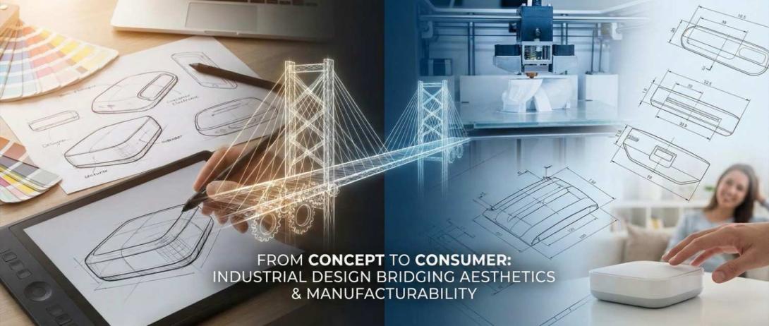 Industrial design services workflow showing the transition from digital concept sketches to physical product manufacturing, illustrating the Design for Manufacturing (DFM) process.