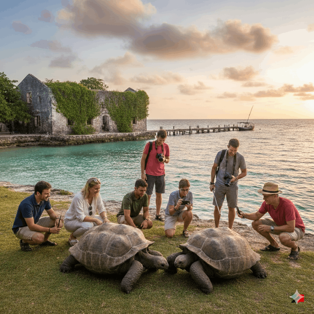 This image captures a scenic sunset at Prison Island (Changuu Island) in Zanzibar, Tanzania. It features a group of tourists interacting with the island’s most famous residents: the Giant Aldabra tortoises.  In the background, the historic ivy-covered ruins of the former prison stand against a turquoise coastline, with a traditional dhow boat anchored near a wooden pier. The warm, golden hour lighting emphasizes the island's natural beauty and its appeal as a top destination for travelers visiting Tanzania.