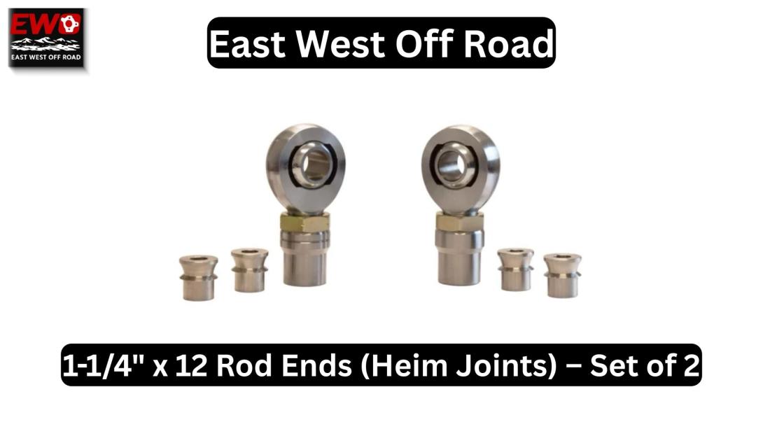 Technical view of EWO 1-1/4 inch x 12 rod ends kit showing RH and LH heim joints, 1045 steel tube adapters, and stainless steel spacers for off-road linkage.