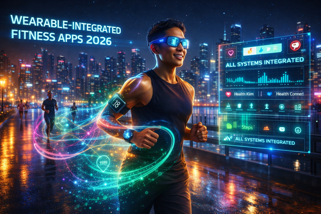 Runner with wearable tech in futuristic city at night, colorful data displays track fitness. Text: "WEARABLE-INTEGRATED FITNESS APPS 2026".