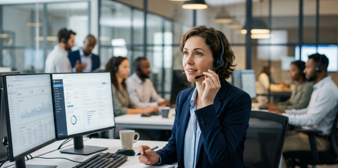A professional photograph of a woman wearing a headset in a call center, actively speaking while taking notes. She is seated at a desk with dual monitors displaying data charts and a plaque. The plaque reads, "Premium Rate Services," followed by a phone icon and the lines "Professional Advice. Measurable Results." Other colleagues are working at computers in the open-concept office, separated by glass partitions.