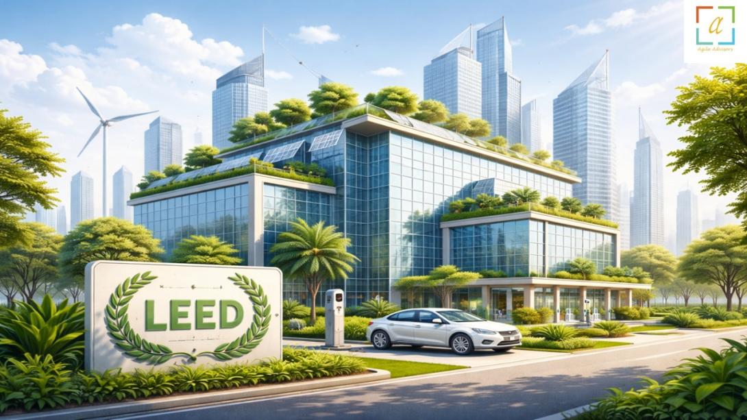 Modern sustainable building with solar panels and green design representing LEED certification in Dubai and UAE