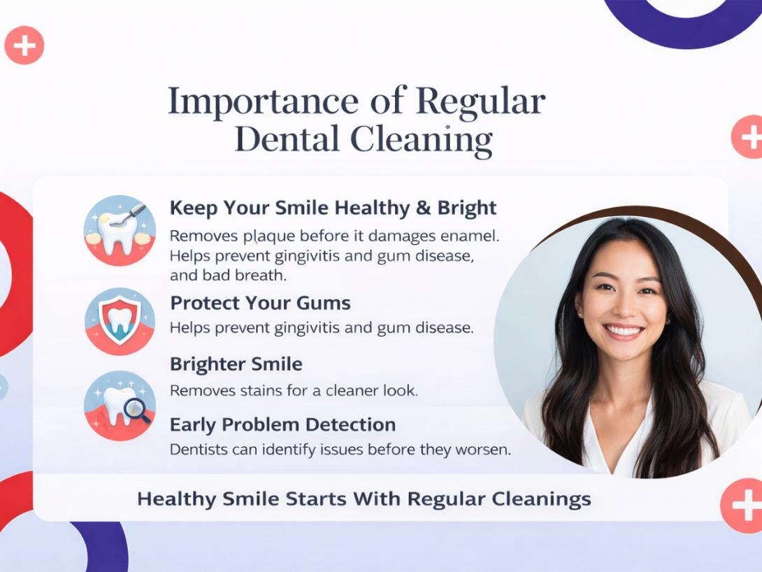 Infographic showing the importance of regular dental cleaning for healthy gums, brighter smile, plaque removal, and early dental problem detection at a Ventura CA dental clinic.