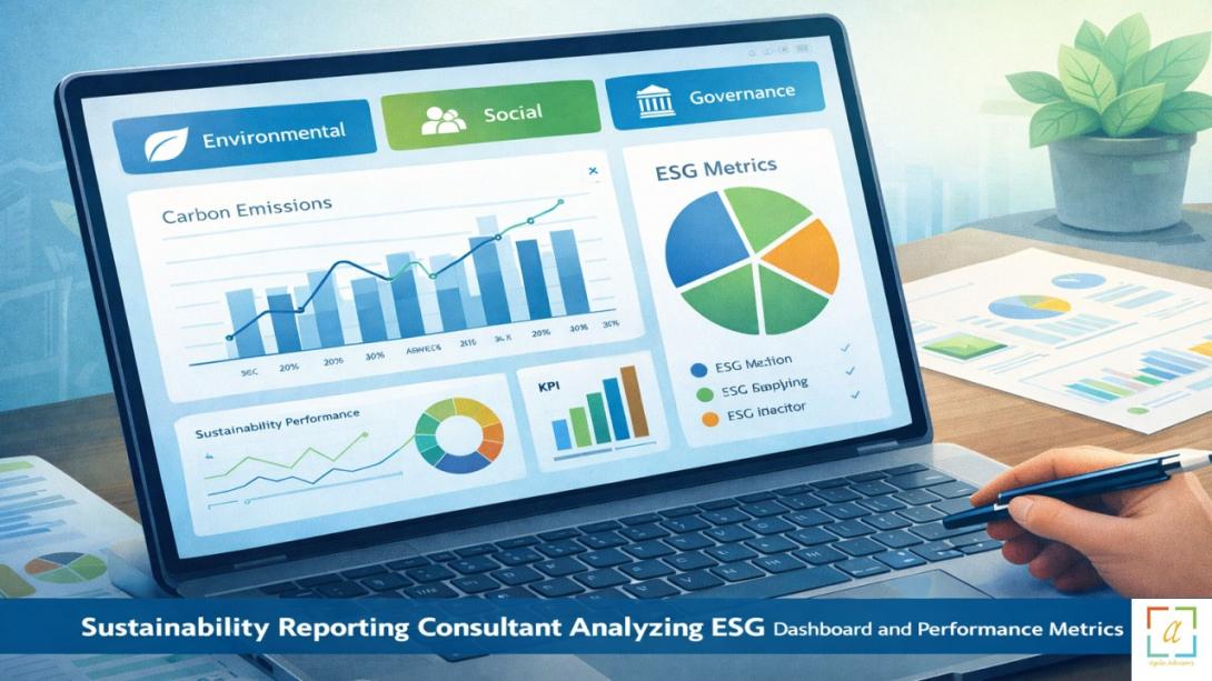 sustainability reporting consultant analyzing ESG dashboard and performance metrics