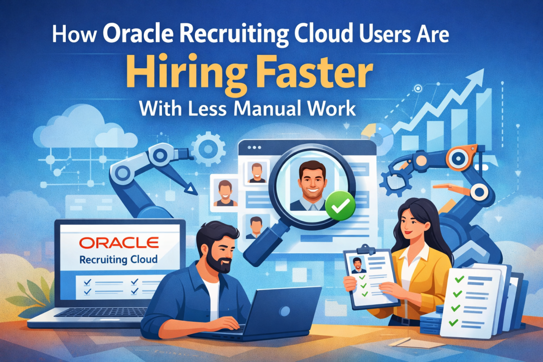 Oracle Recruiting Cloud illustration showing AI-driven hiring, resume screening, and automation reducing manual work and improving efficiency.