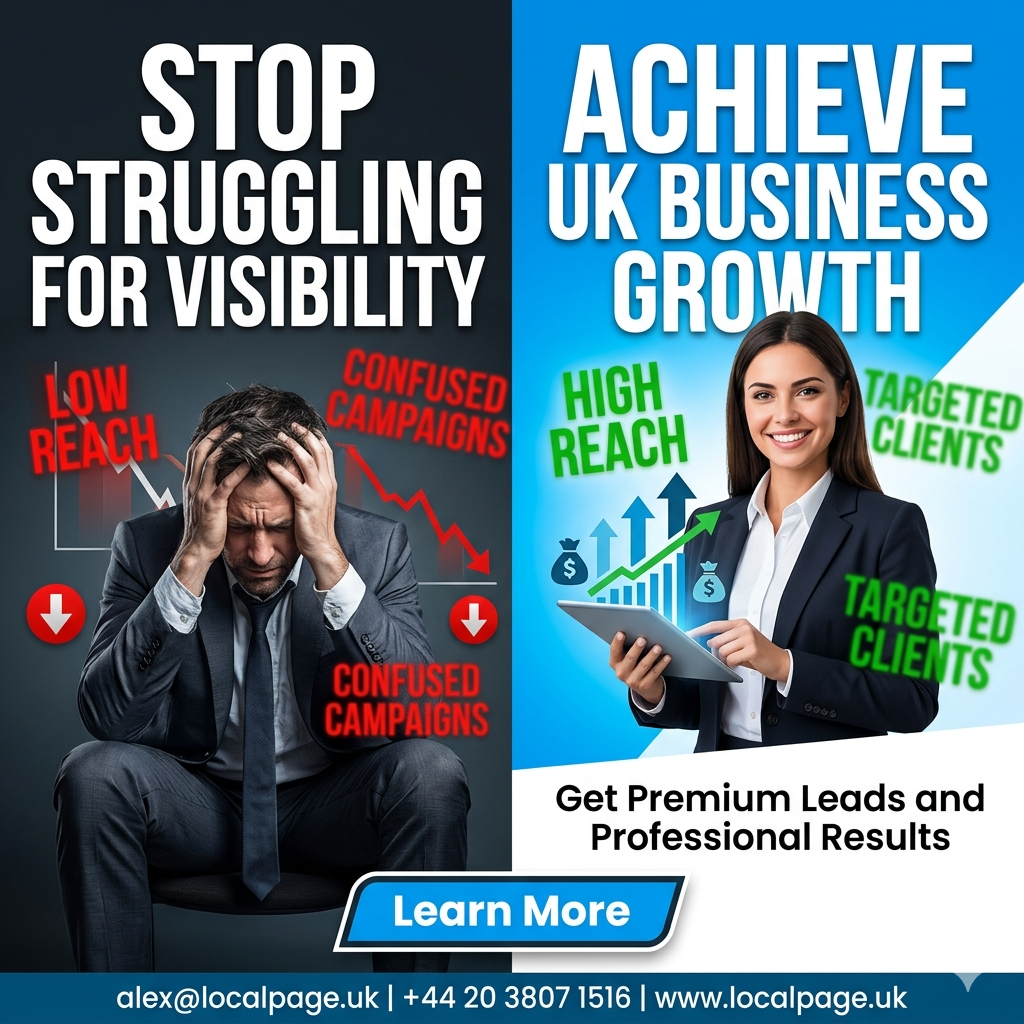 A professional male consultant presenting online advertising growth data in a modern London office, with key insights and contact details visible.