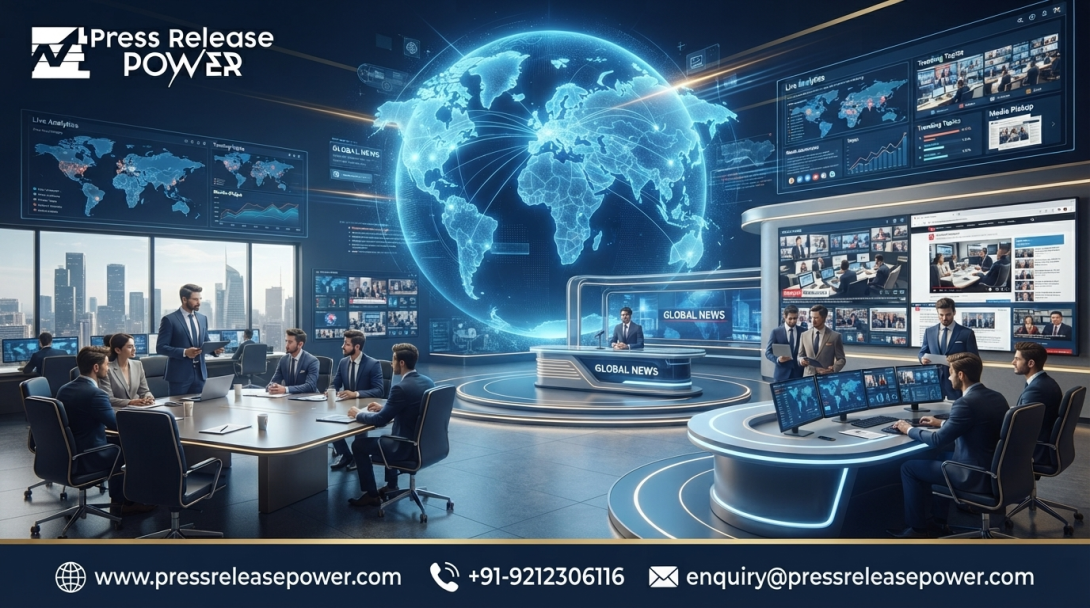 A modern newsroom with professionals at desks and conference tables, featuring a large glowing digital globe and screens displaying global data analytics.