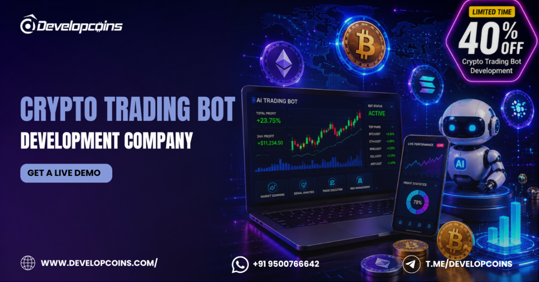 Crypto Trading Bot Development Company banner featuring AI-powered trading dashboard, cryptocurrency coins, trading robot, laptop, mobile analytics, and a 40% limited-time offer by Developcoins