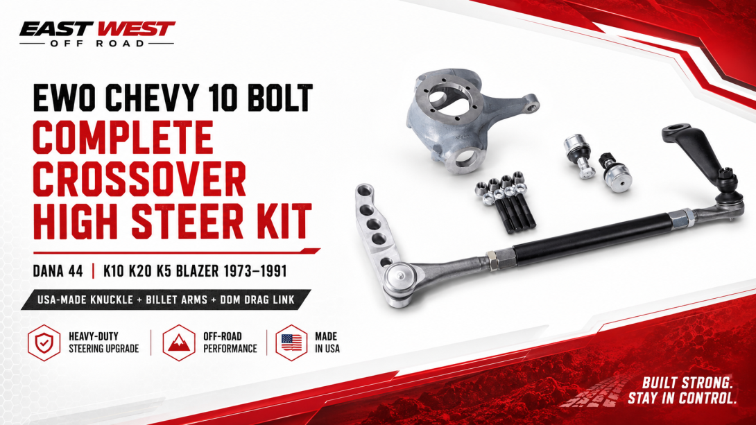 Billet steering arm, D.O.M. tube, forged pitman arm, ball joints, studs, and steering ends arranged together