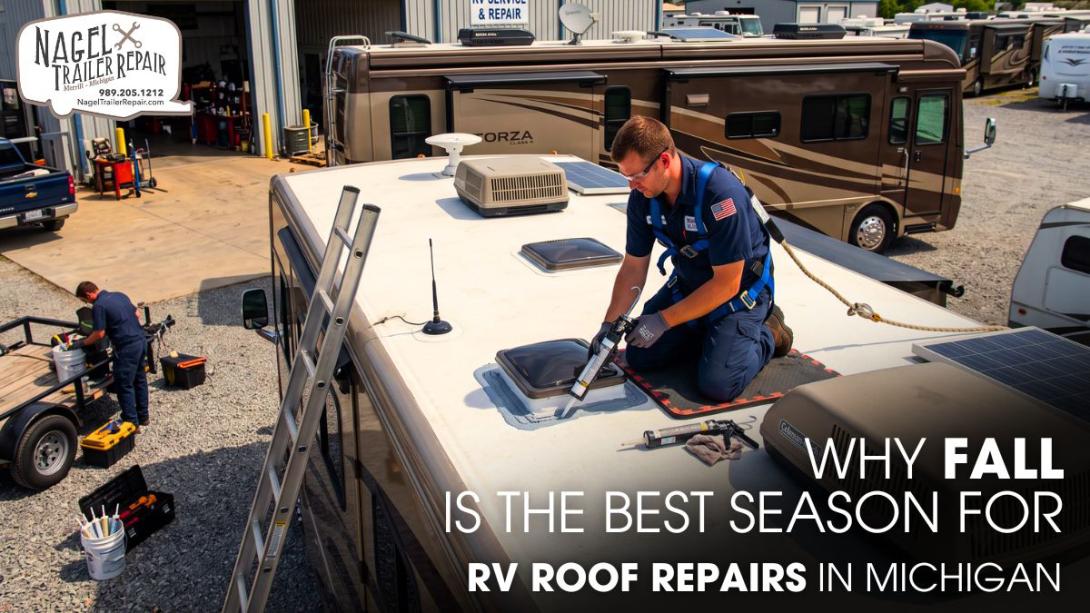 A Technician Doing Roof Sealing of a Class A Motorhome