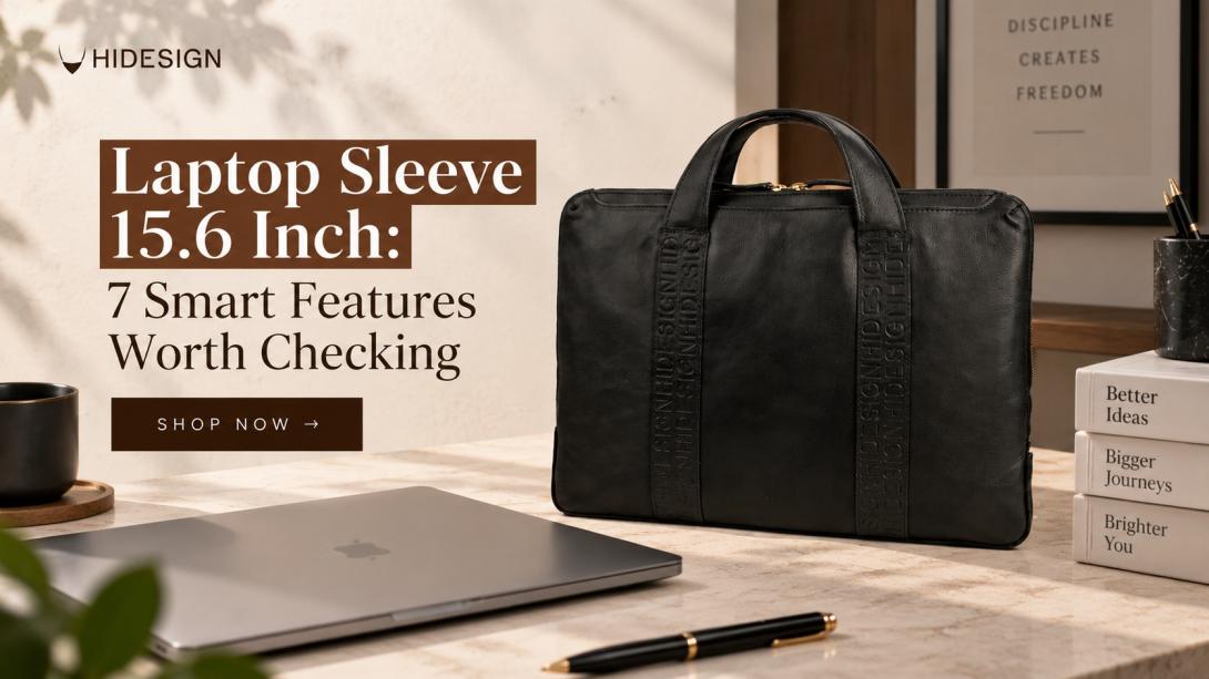 Vegetable-tanned leather laptop sleeve for a 15.6-inch laptop, showing padded interior and slim front pocket for accessories