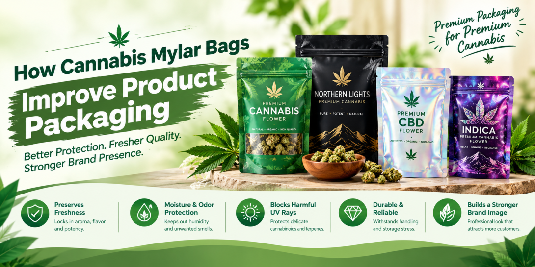 Custom cannabis Mylar bags in green, black, holographic silver, and purple designs, showcasing premium packaging.