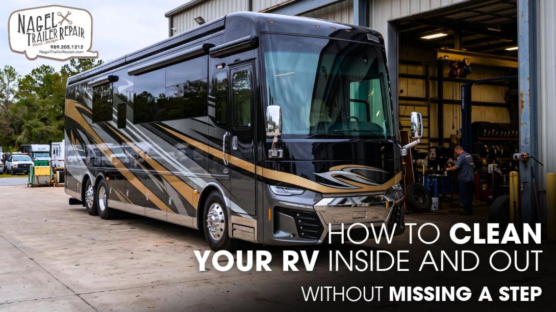A 2027 King Aire Newmar Class A Motorhome Parked Outside of a Workshop